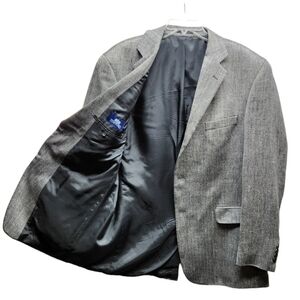 Stafford Mens 44L 100% Silk Herringbone Blazer Sport Coat Suit Jacket Black Gray